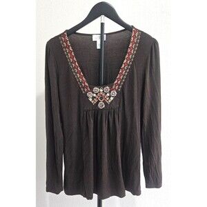 LOFT Ann Taylor Brown Embellished Boho Tunic Top Medium Long Sleeve Empire